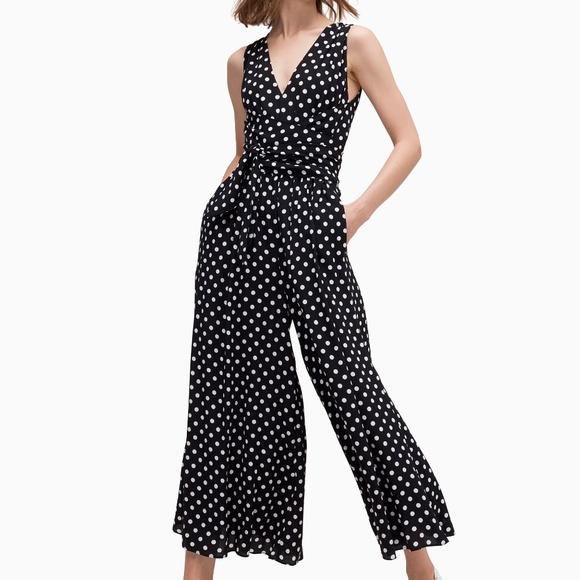 Kate Spade Black and White Lia Polka Dot Sleeveless V-Neck Wide Pant Jumpsuit 4 - Picture 5 of 7